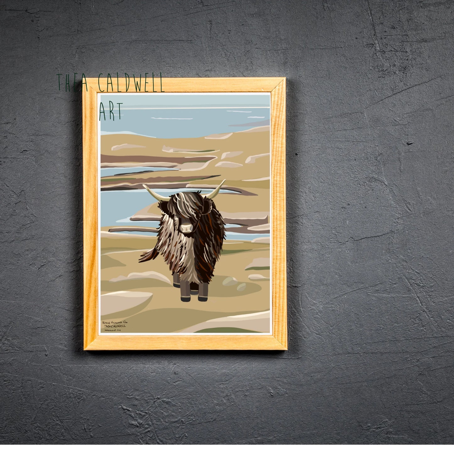 A3 Black Highland Cow -unframed quality card print. Scottish landmarks