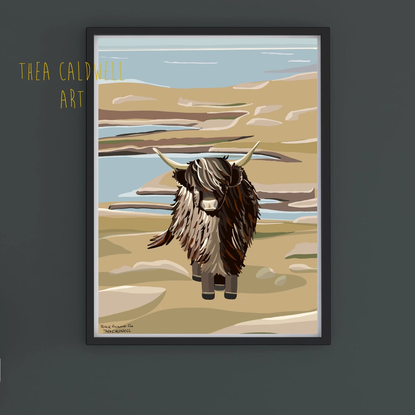 A3 Black Highland Cow -unframed quality card print. Scottish landmarks