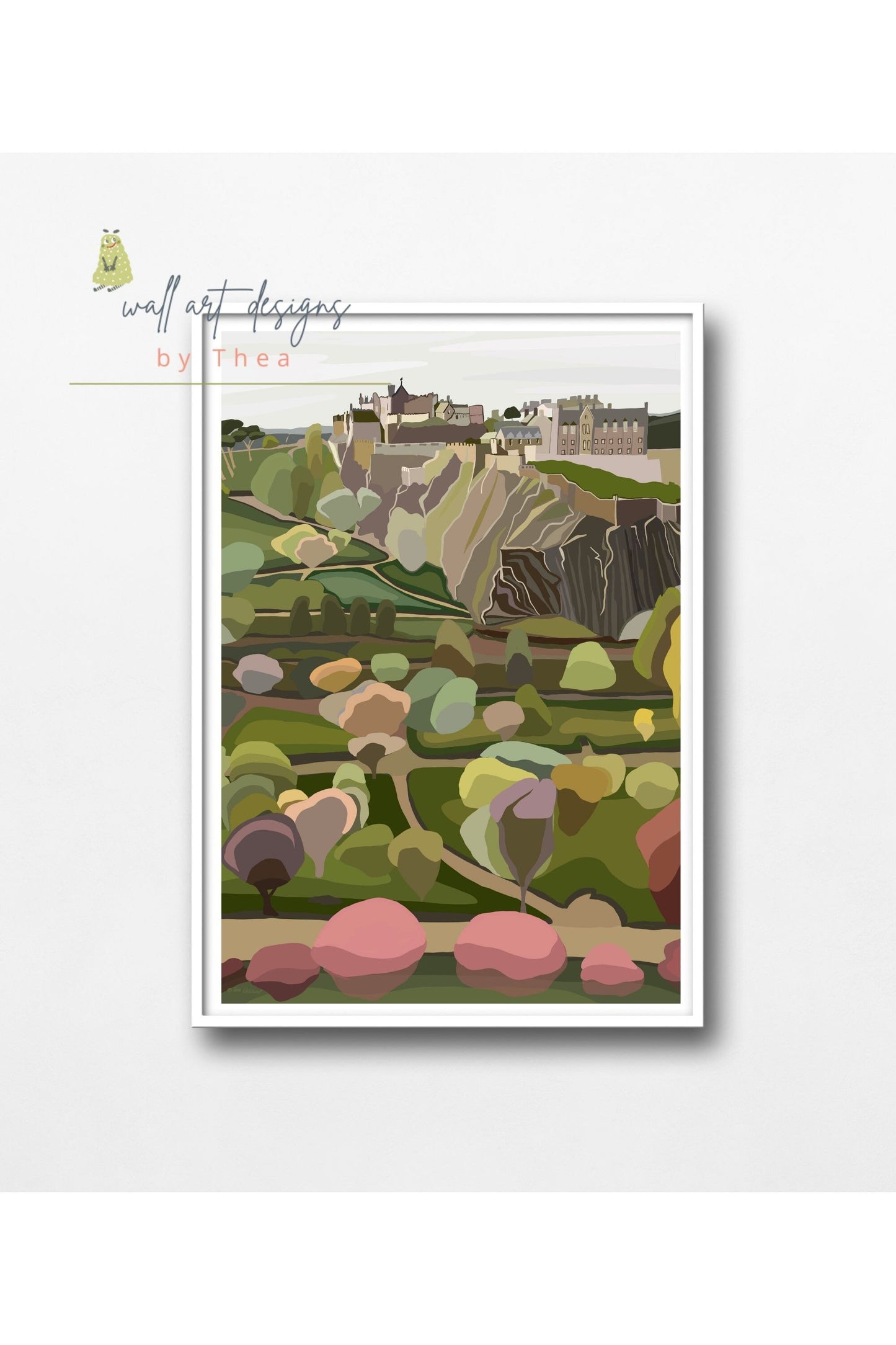 A3 Edinburgh Castle and Princes Street Gardens -unframed quality card print. Scottish landmarks