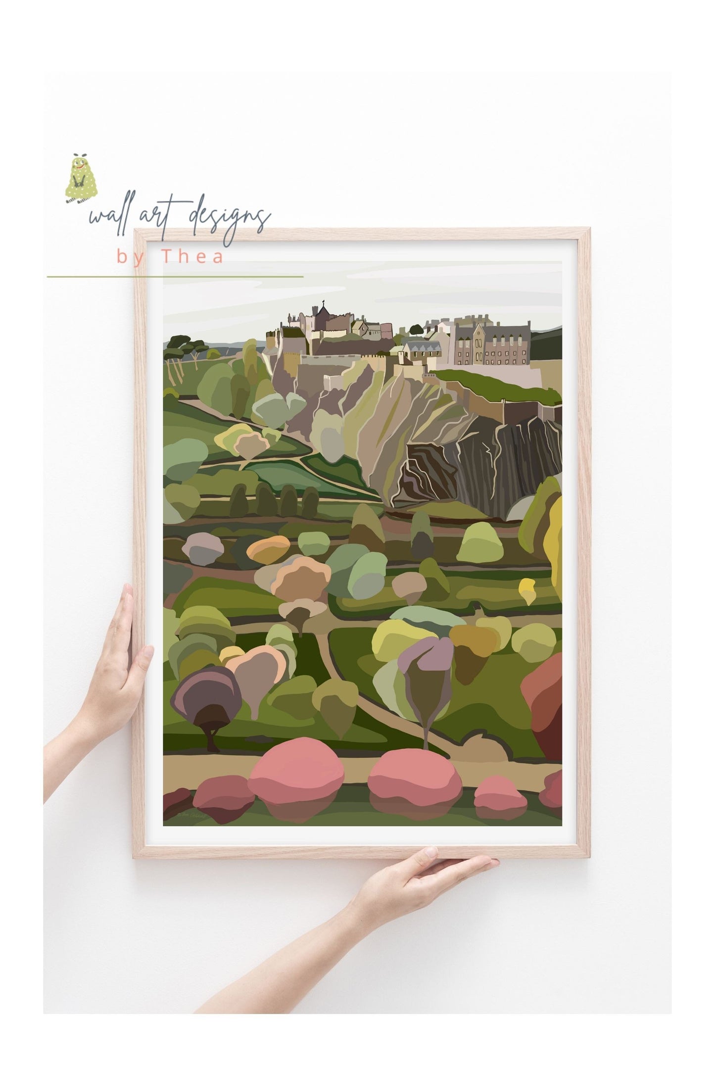 A3 Edinburgh Castle and Princes Street Gardens -unframed quality card print. Scottish landmarks