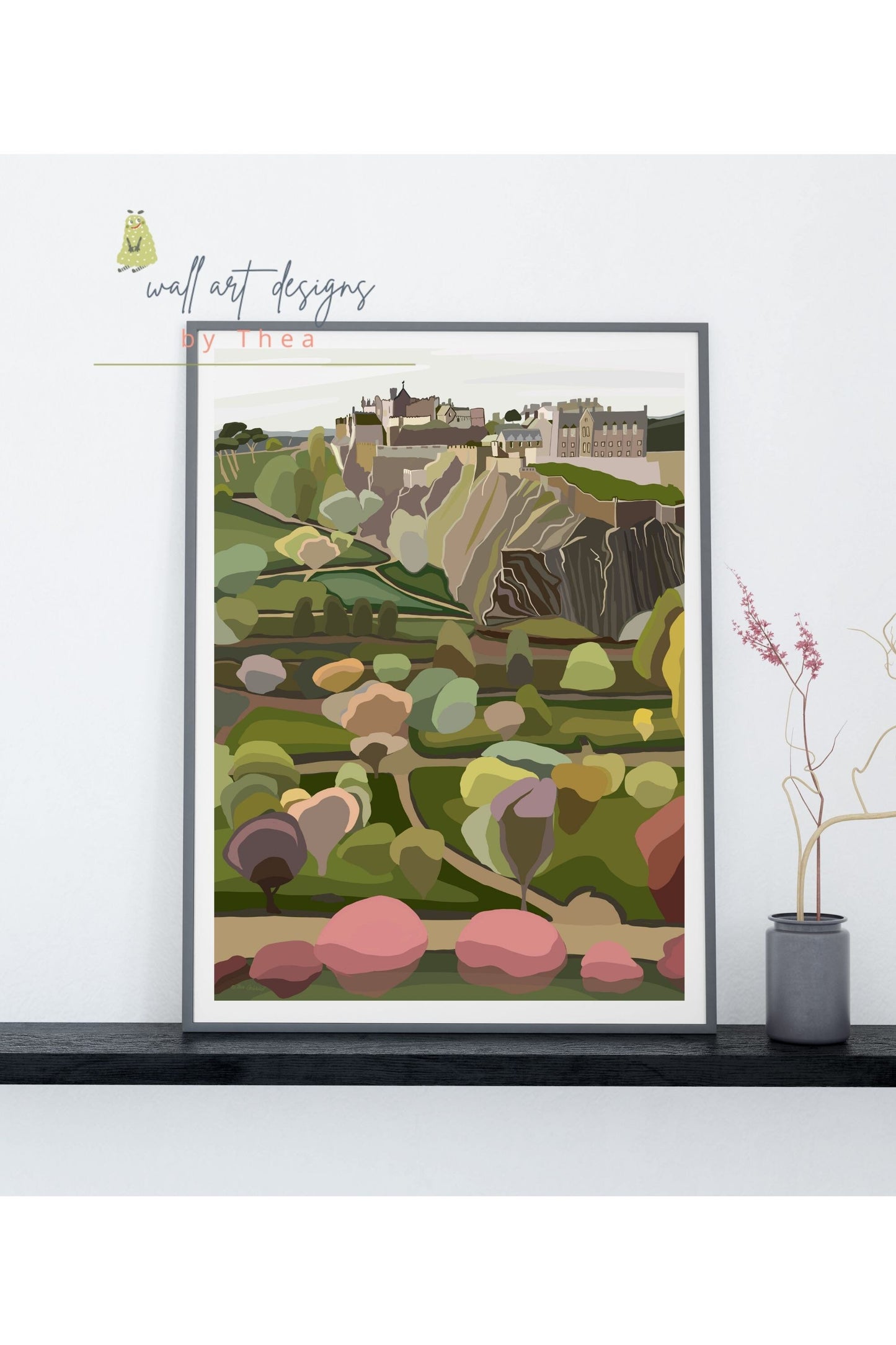 A3 Edinburgh Castle and Princes Street Gardens -unframed quality card print. Scottish landmarks