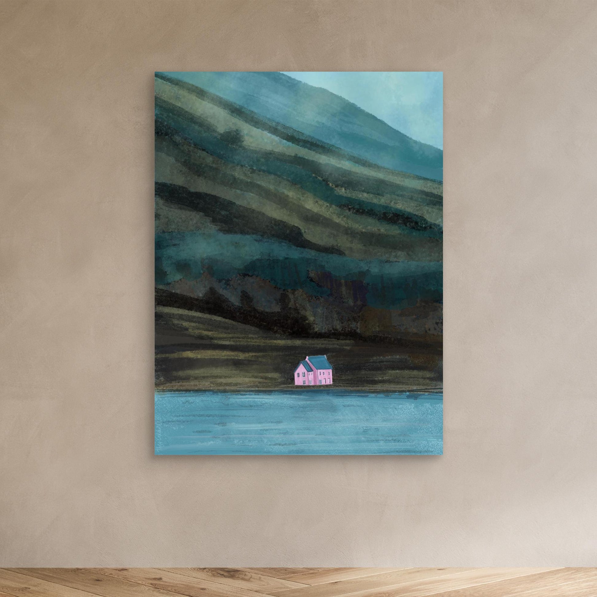 A3 Pink House on Loch Glass print ready to print green pink blue colours Scottish landmark Matt archival acid free paper