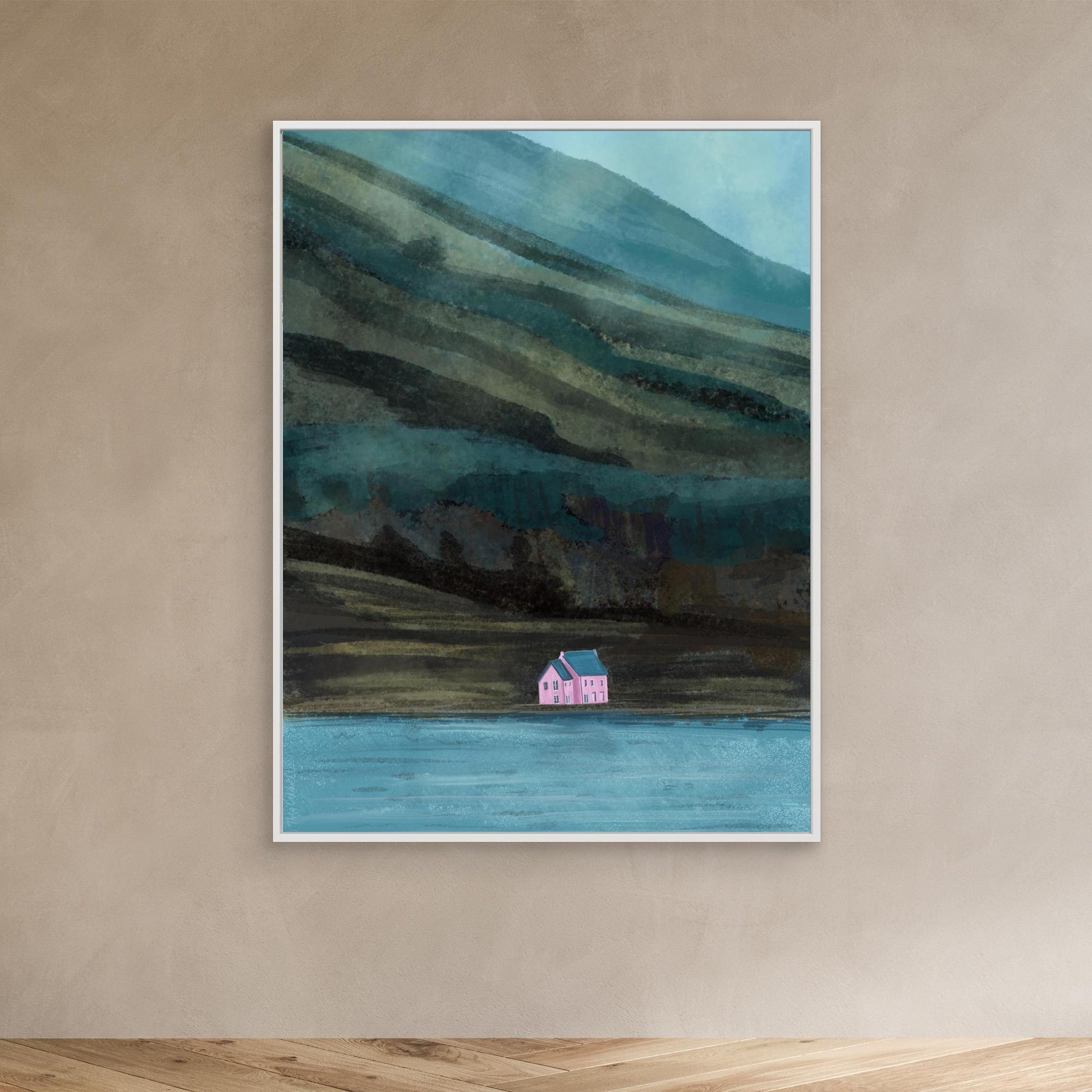 A3 Pink House on Loch Glass print ready to print green pink blue colours Scottish landmark Matt archival acid free paper