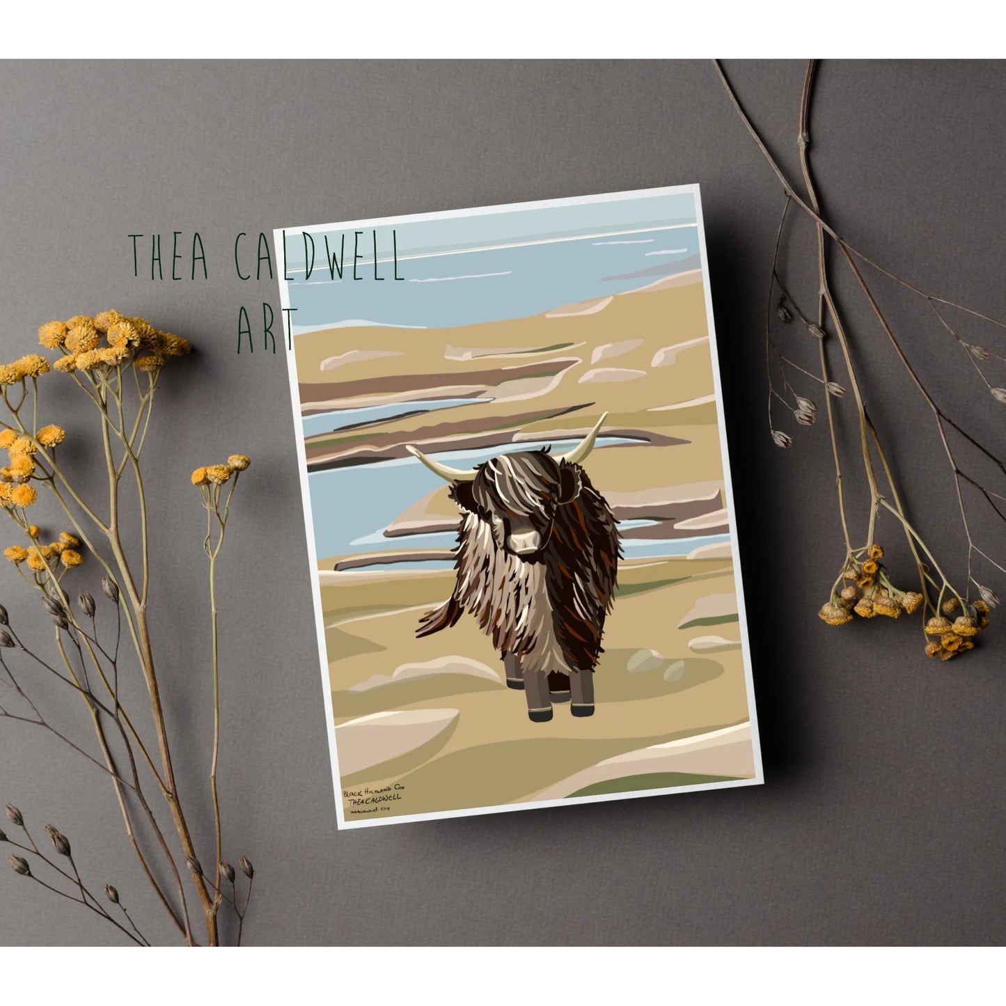 A3 Black Highland Cow -unframed quality card print. Scottish landmarks